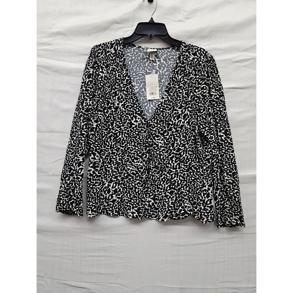 A New Day Womens Animal Print Button Down Blouse Black Rayon Casual Size Large